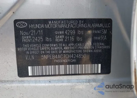 2012 Hyundai Sonata Gls z USA, uszkodzony, nr VIN 5NPEB4AC7CH424850